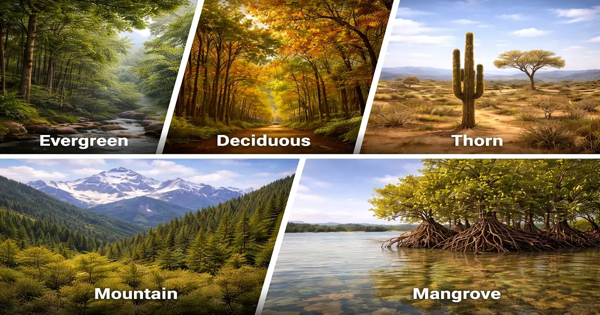 Evergreen, deciduous, thorn, mountain, and mangrove vegetation types in India