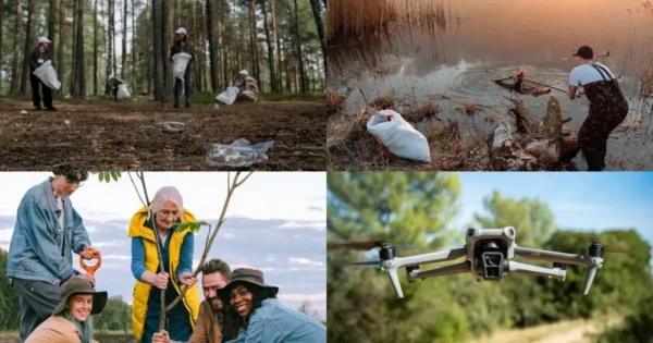 People working together to conserve biodiversity through clean-up, tree planting, and environmental monitoring.