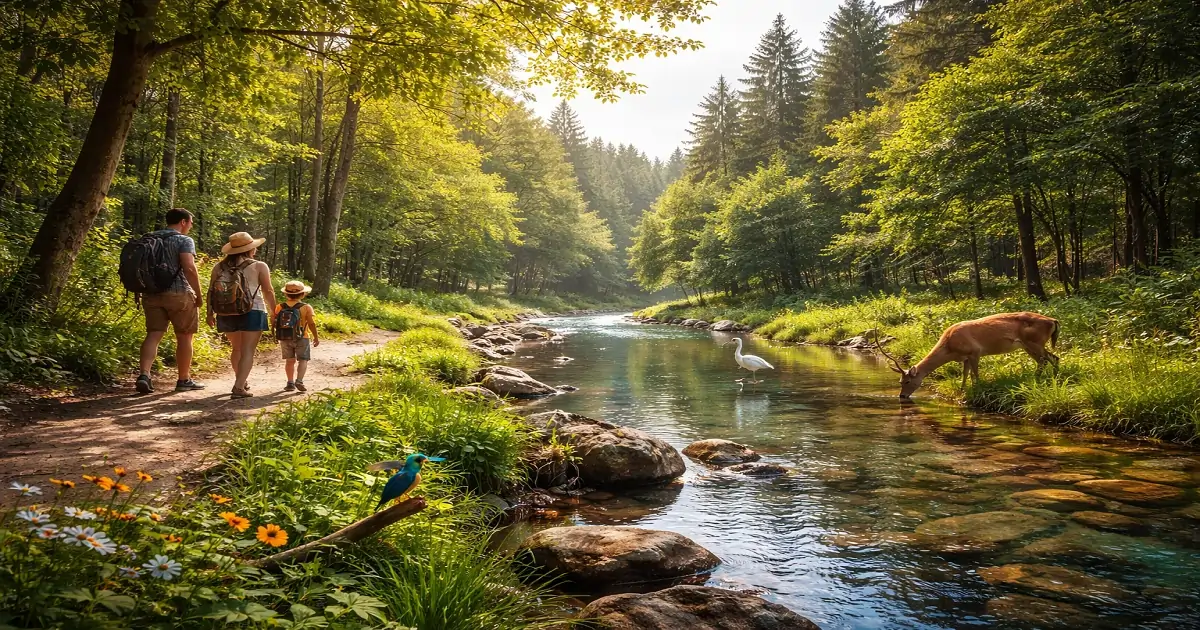 Healthy forest and river ecosystem supporting wildlife and human well-being through clean water and nature