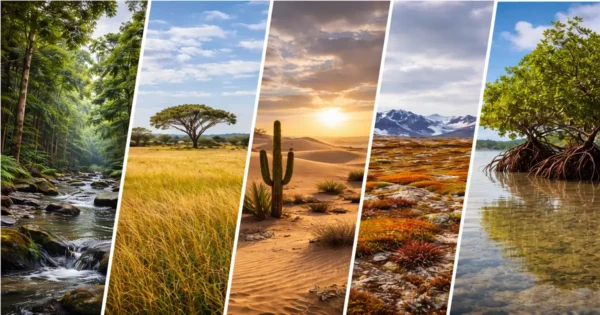 Forest, grassland, desert, tundra, and mangrove vegetation types