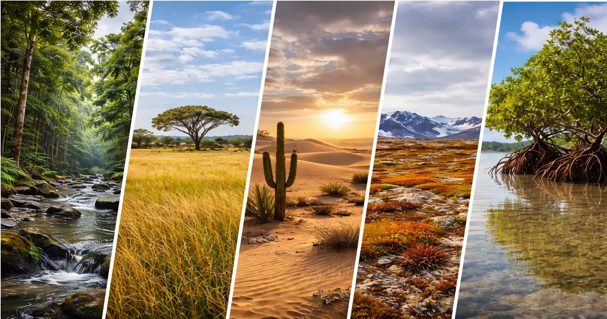 Forest, grassland, desert, tundra, and mangrove vegetation types