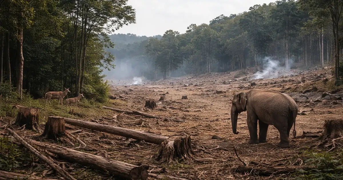 Natural vegetation loss causing wildlife habitat destruction and species displacement in a deforested landscape