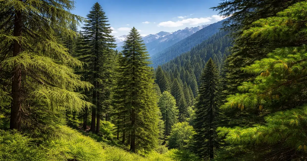 Deodar, pine, and spruce trees forming dense coniferous forest canopy in the Himalayas