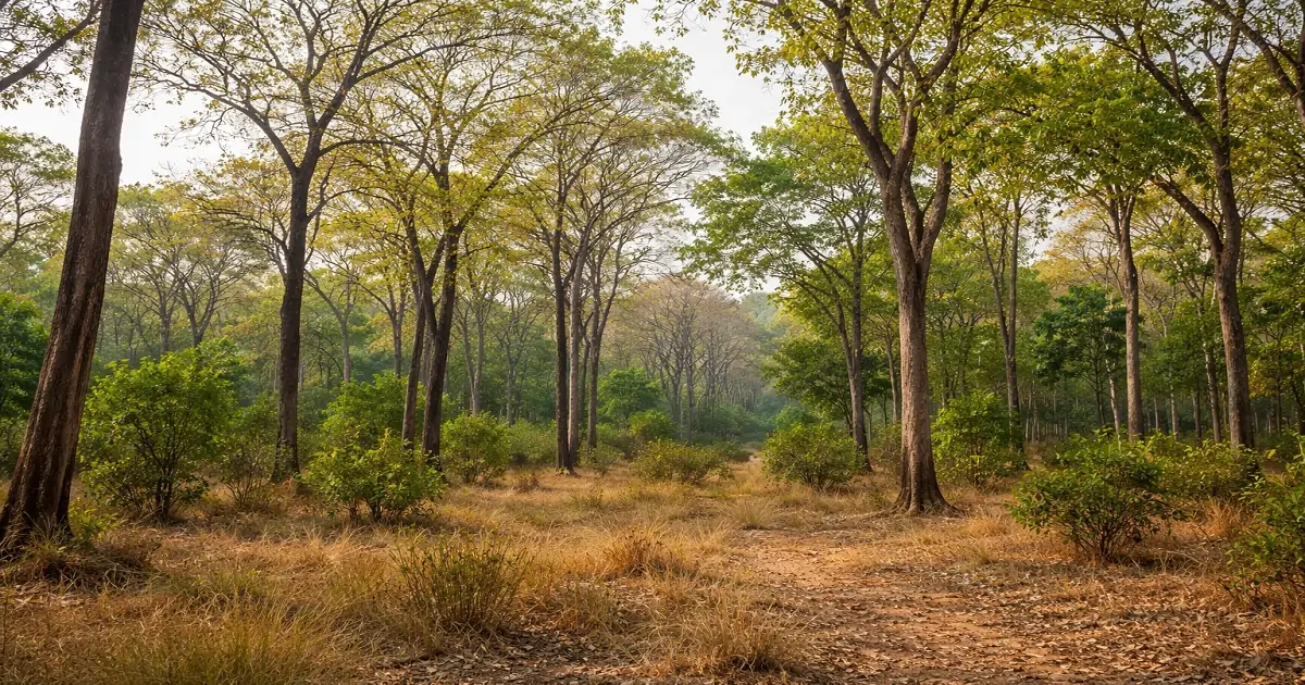 Tropical deciduous forest showing leaf shedding, open canopy, and layered vegetation during dry season