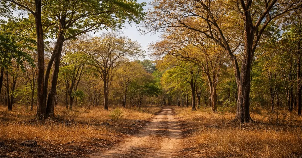 Tropical deciduous forest showing key characteristics such as open canopy, leaf shedding, and layered vegetation