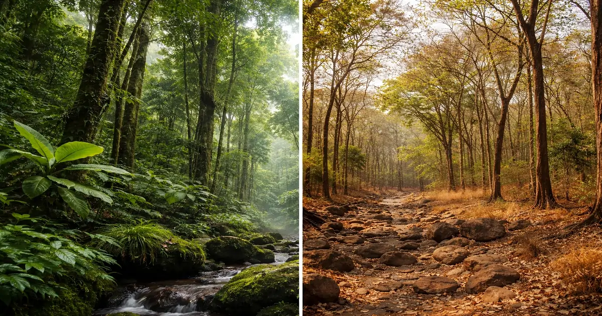 Tropical evergreen forest and tropical deciduous forest with clear differences in canopy density