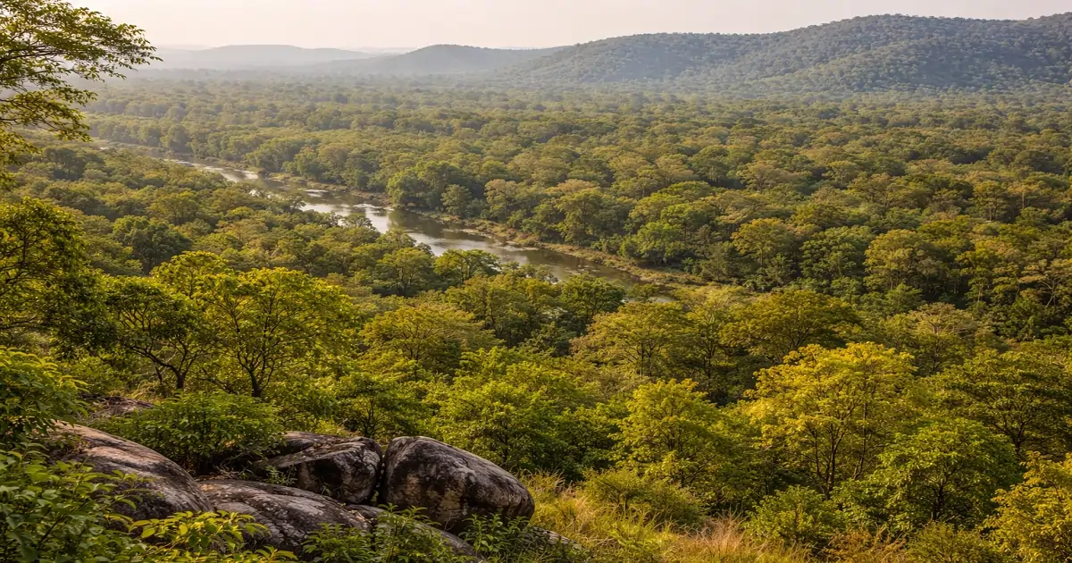 Tropical deciduous forest landscape showing dense seasonal forest cover across natural plains and plateaus