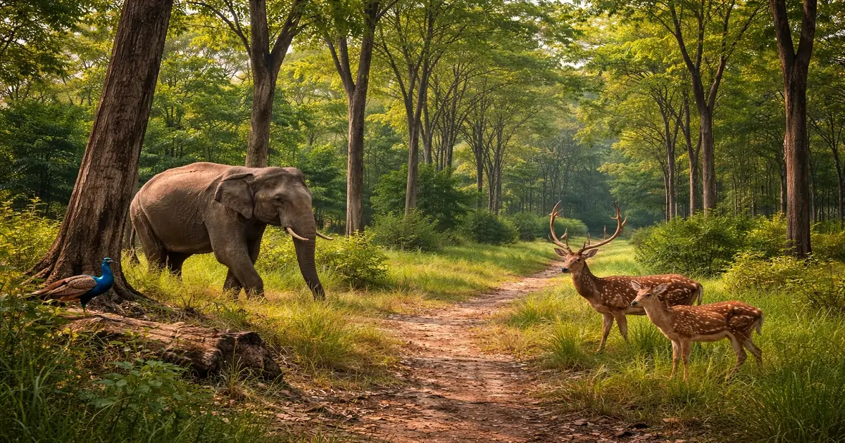 Flora and fauna of tropical deciduous forest with sal trees and native wildlife in natural habitat