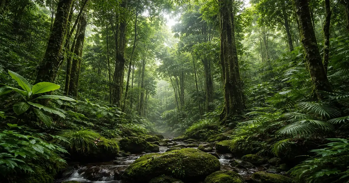Dense tropical evergreen forest with tall broadleaf trees and lush green canopy in a moist environment.