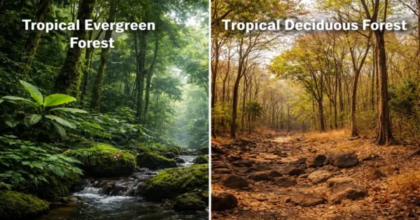 Tropical evergreen forest and tropical deciduous forest with contrasting canopy density and ground cover