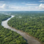 Wide aerial view showing the vast Amazon Rainforest canopy with winding river systems