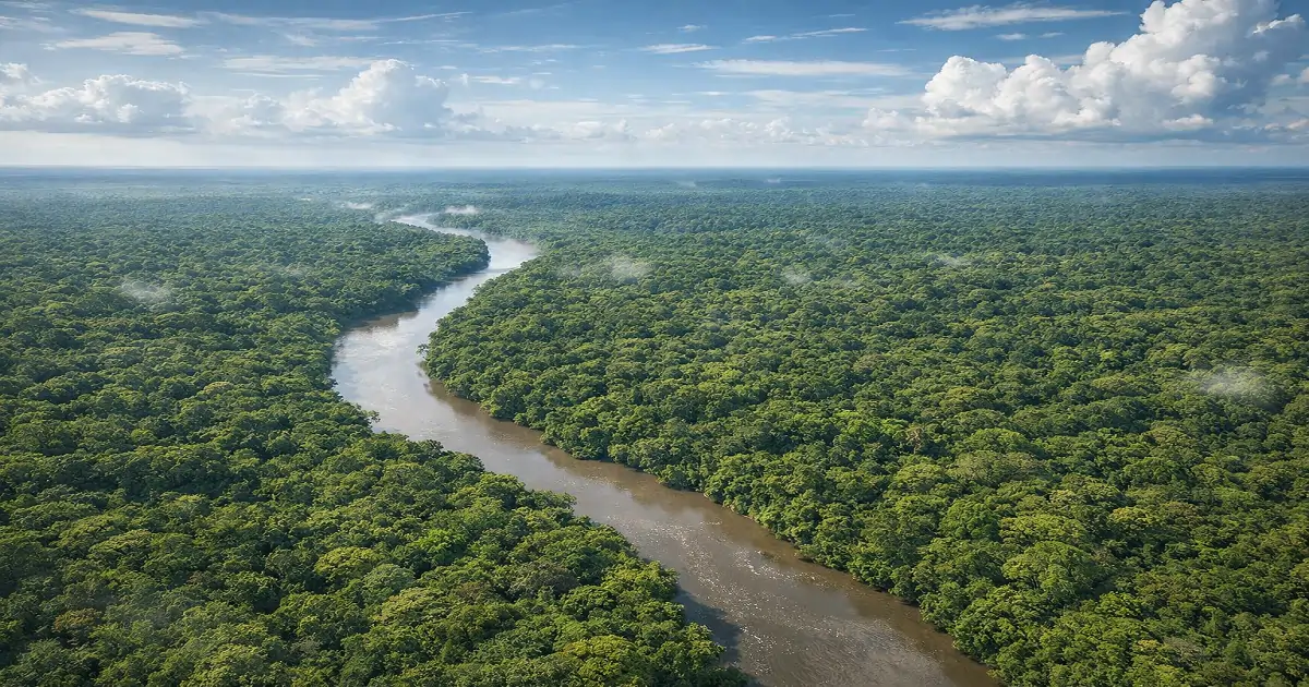 Wide aerial view showing the vast Amazon Rainforest canopy with winding river systems