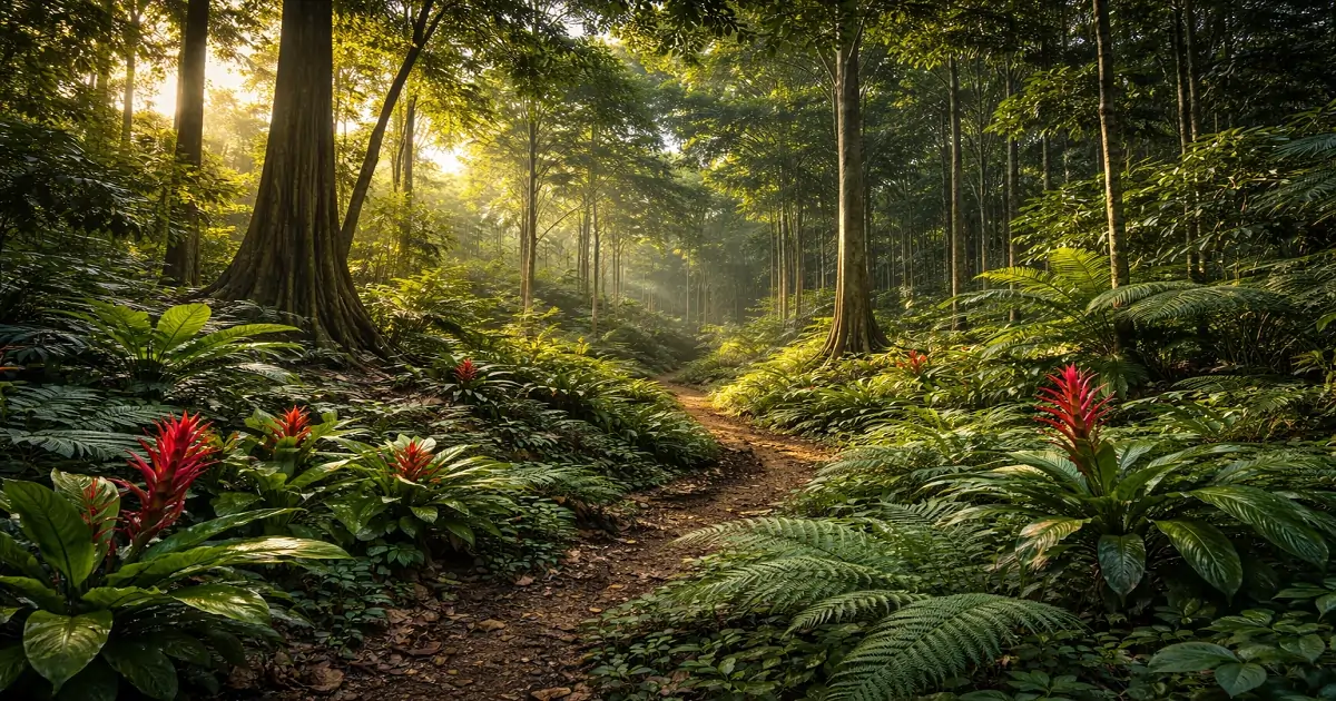 Layered Amazon Rainforest vegetation with tall canopy trees and dense understory plants