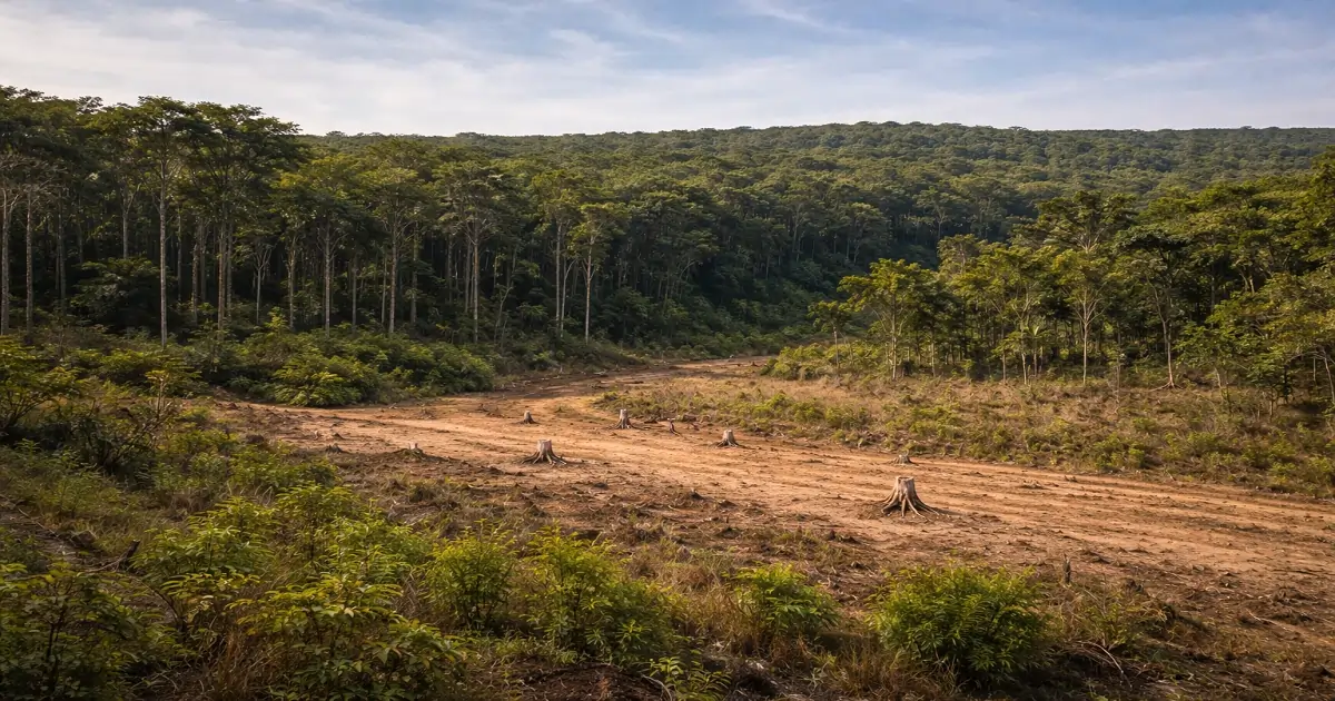 Forest edge showing light deforestation beside dense Amazon Rainforest vegetation