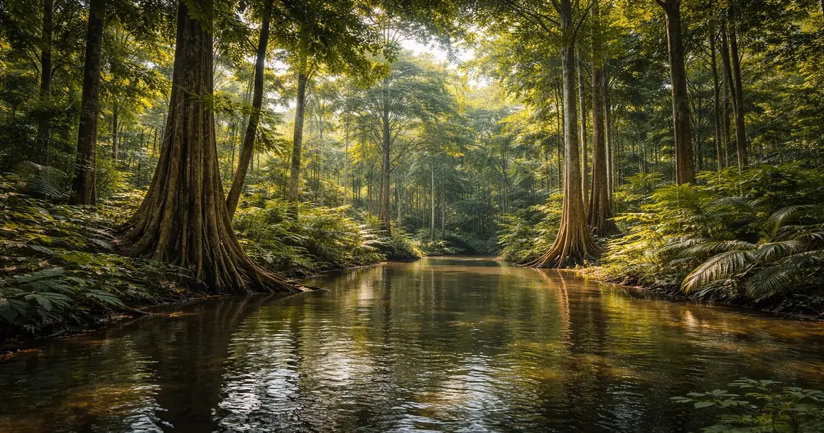 Flooded Amazon forest with trees rooted in seasonal water and dense surrounding vegetation