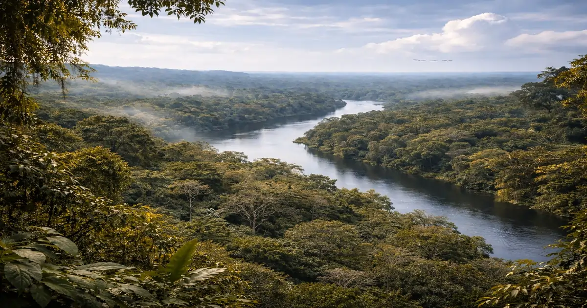 Dense Amazon rainforest canopy and river creating ideal conditions for bird diversity