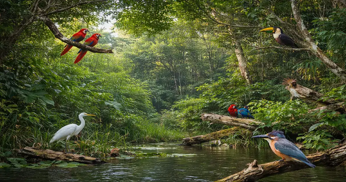 Amazon forest habitats including canopy layers and riverine areas used by birds