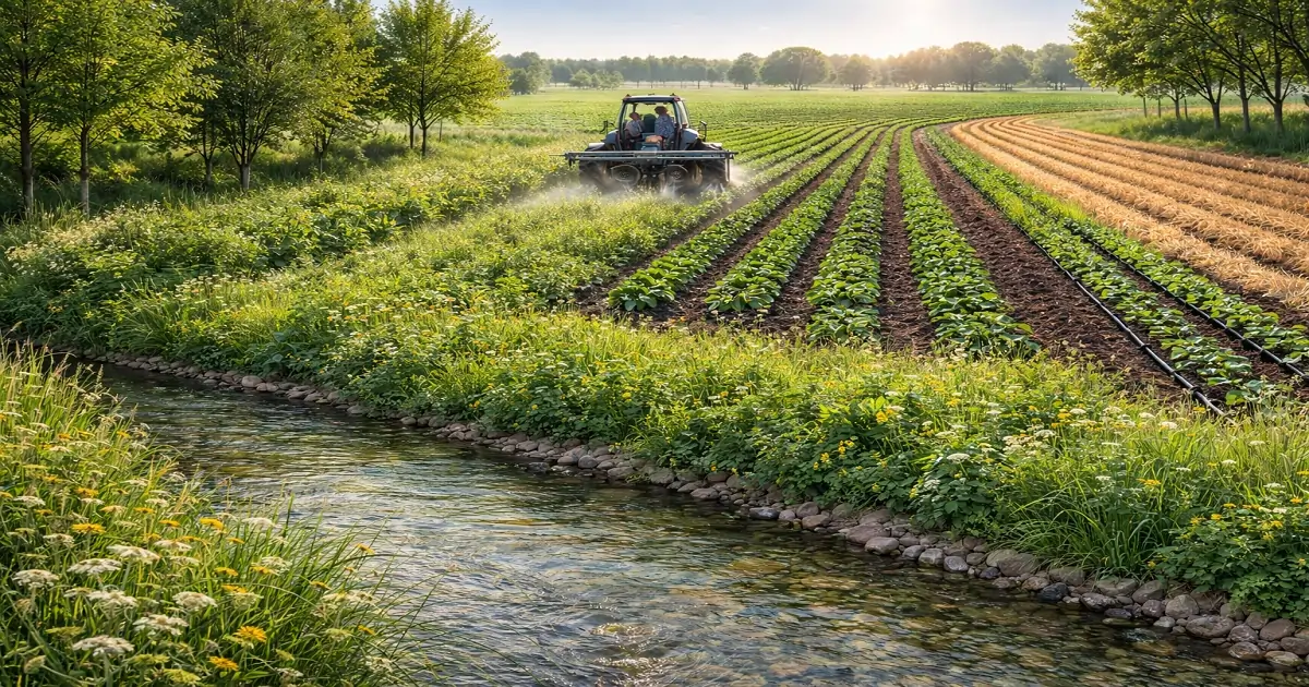 Sustainable farming field near a stream showing vegetation and careful land management practices