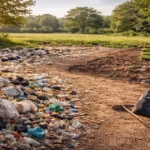 Land pollution showing waste-covered soil beside a cleared area, highlighting environmental damage and recovery efforts.