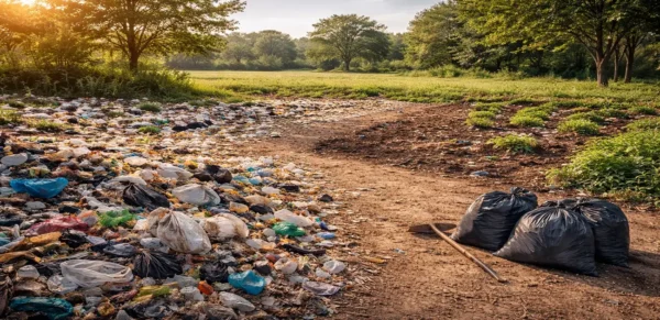 Land pollution showing waste-covered soil beside a cleared area, highlighting environmental damage and recovery efforts.