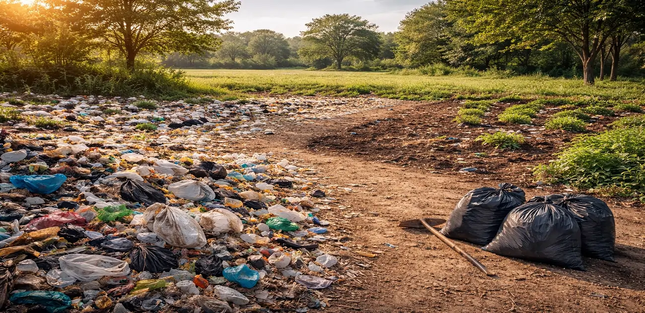 Land pollution showing waste-covered soil beside a cleared area, highlighting environmental damage and recovery efforts.