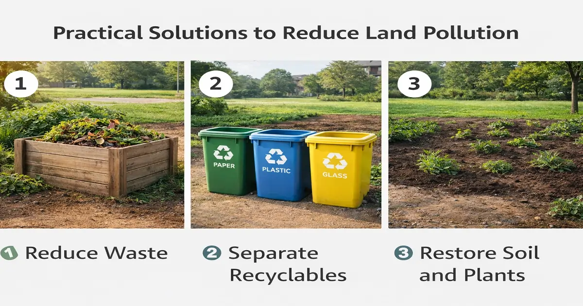 Land cleanup showing collected waste bags and restored soil, reflecting practical steps to reduce land pollution
