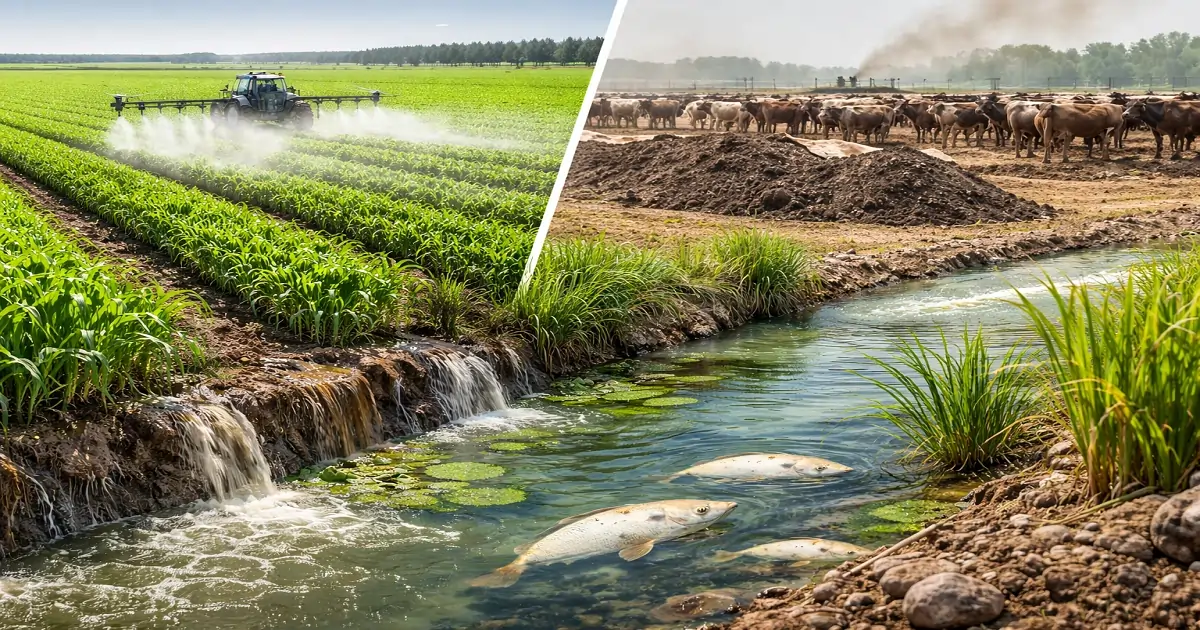 Agricultural runoff affecting water, soil, and air through farming activities near natural ecosystems