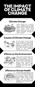 Infographic showing the causes and effects of climate change on the environment and human health.