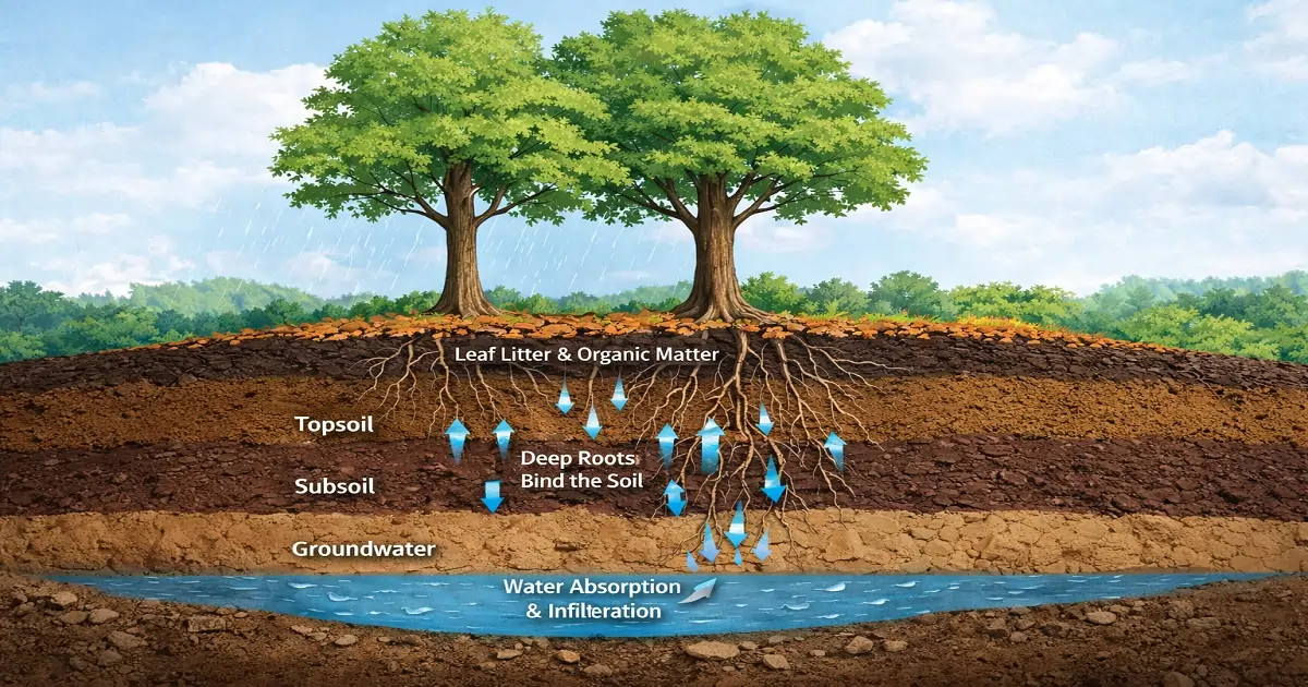 Soil layers under forest trees showing roots, infiltration, and how forests protect soil from erosion