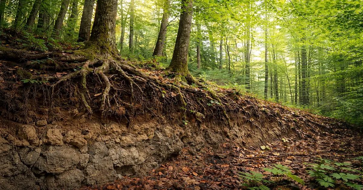 Forest trees and roots stabilizing soil, showing how forests protect soil from erosion naturally