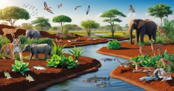 A serene natural ecosystem with animals, vegetation, soil, and a flowing river under sunlight.