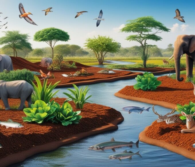 A serene natural ecosystem with animals, vegetation, soil, and a flowing river under sunlight.