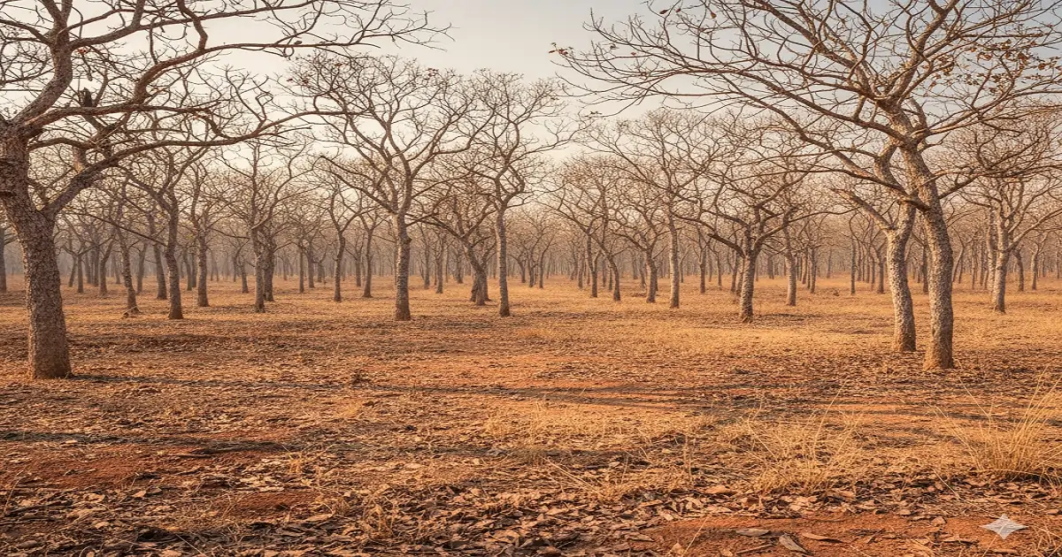 Dry deciduous forest vegetation with leafless trees and dry ground