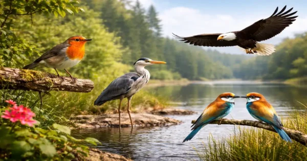 Bird species explained through diverse birds showing different sizes, beaks, and behaviors in nature
