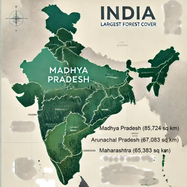 Map showing Indian states highlighted by forest area, with Madhya Pradesh leading in total forest land