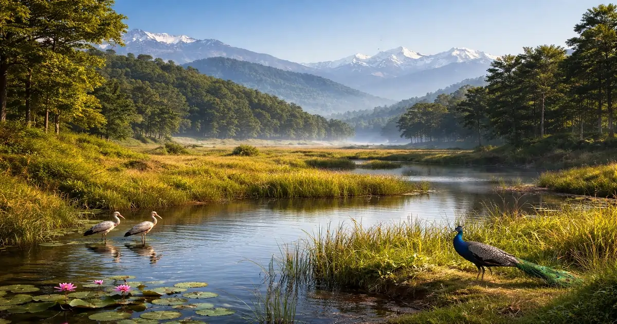Diverse Indian landscapes that support rare bird habitats across forests, wetlands, and mountain regions