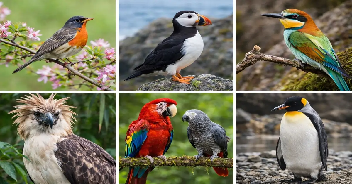 Different bird species from varied habitats highlighting global diversity and ecological variation