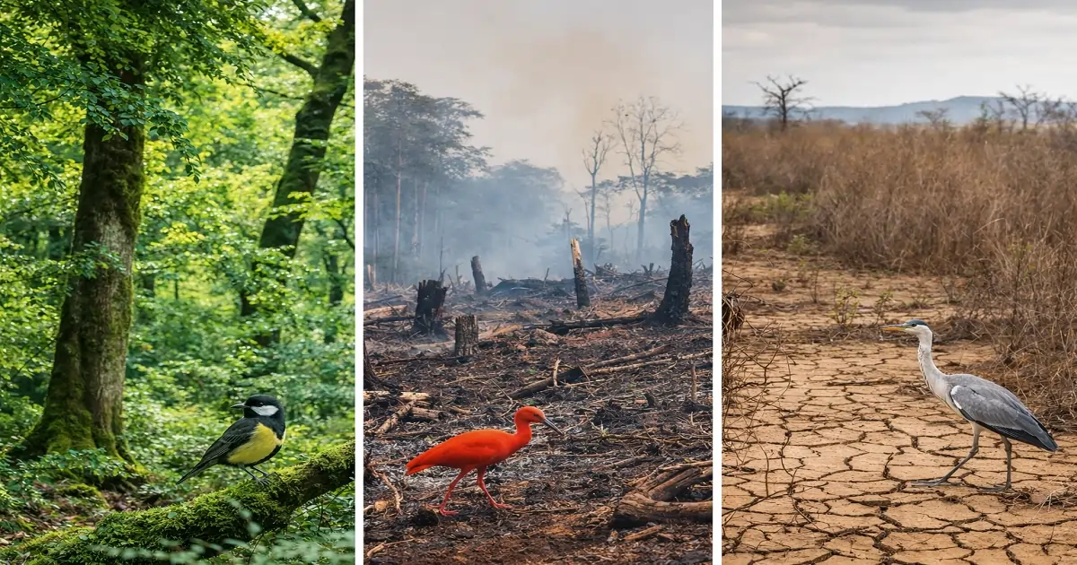 Birds in healthy forest, disturbed land, and dry habitat showing environmental impact on species