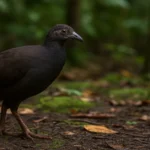 Nicobar Megapode standing in its natural habitat, surrounded by dense coastal vegetation.