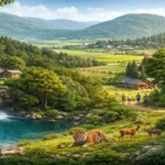 Biosphere reserve landscape showing core, buffer, and transition zones with wildlife and people