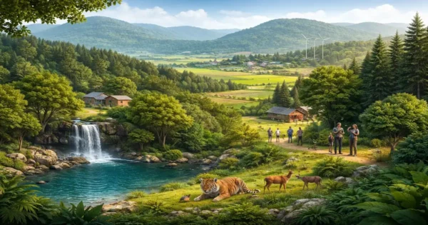 Biosphere reserve landscape showing core, buffer, and transition zones with wildlife and people