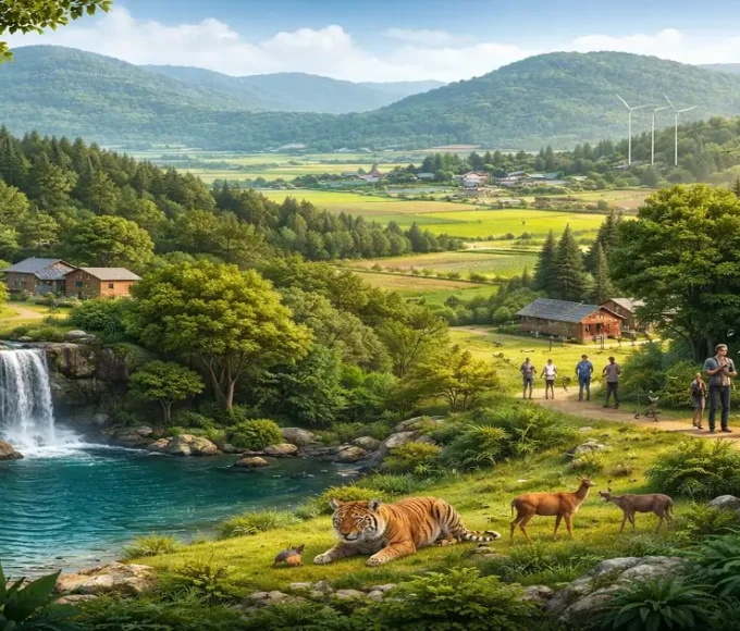 Biosphere reserve landscape showing core, buffer, and transition zones with wildlife and people