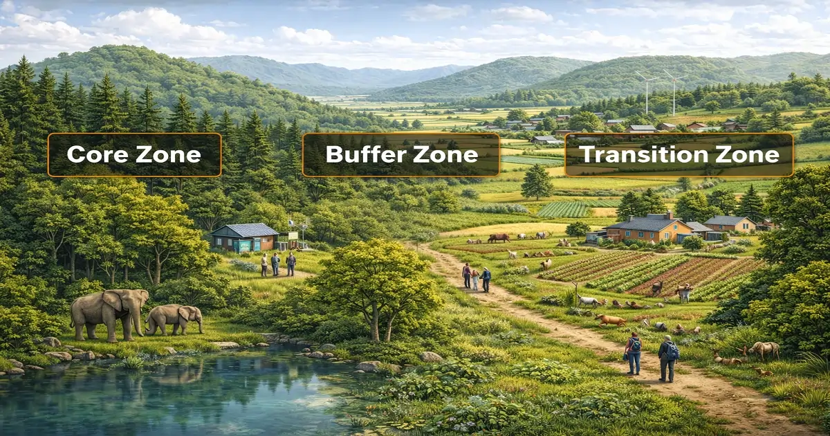 Zones of a biosphere reserve showing core protection, buffer research, and transition areas