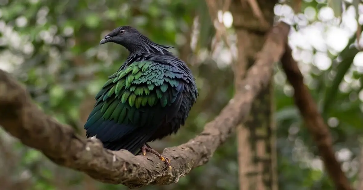 Nicobar Pigeon perched on a tree branch within dense tropical forest vegetation