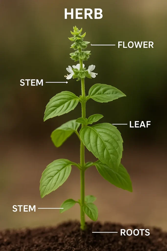 Close-up labelled image of a mint herb plant showing soft stem, small leaves, and root system.