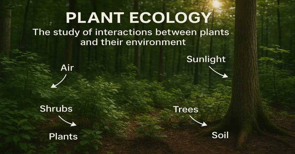 Interaction of trees, animals, sunlight, water, and soil showing biotic and abiotic plant relationships