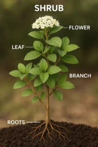 Close-up of a hibiscus shrub with woody stems and branch structure near the ground.
