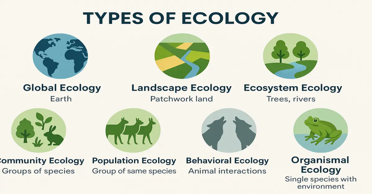 Infographic of seven types of ecology with icons and short labels
