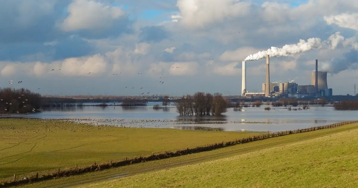 Flooded landscape near industrial area showing ecosystem stress and human impact
