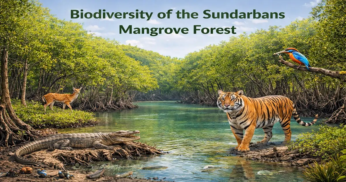 Biodiversity of the Sundarbans mangrove forest showing mangrove trees, wildlife, and tidal waterways